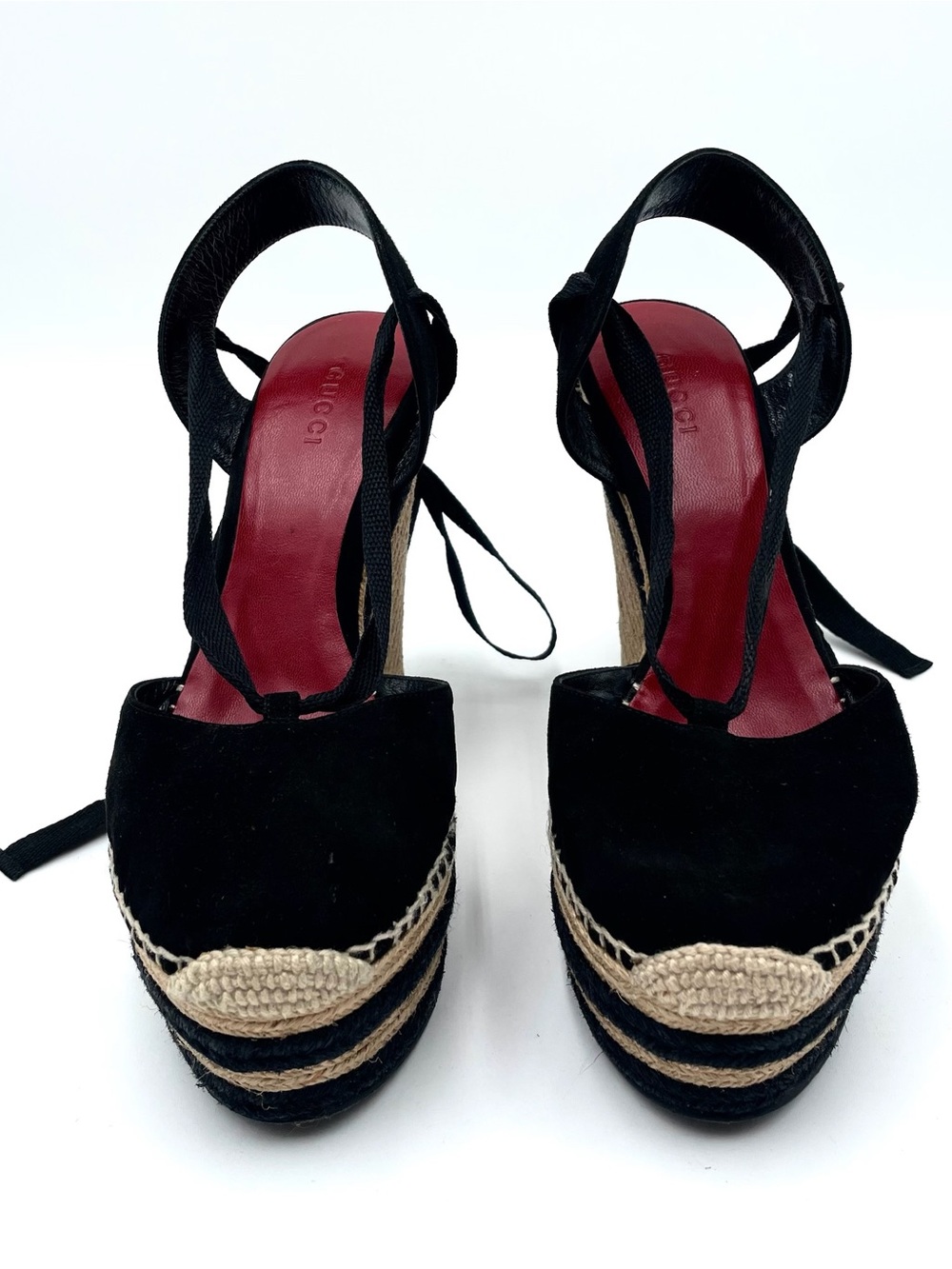 Gucci Black Suede Alexis Wrap Platform Wedge Sandals Size 39.5